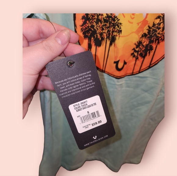 True Religion Sunset back Logo Short Sleeve Tee Blue Palm Tree Tropical Crewneck - Picture 3 of 3